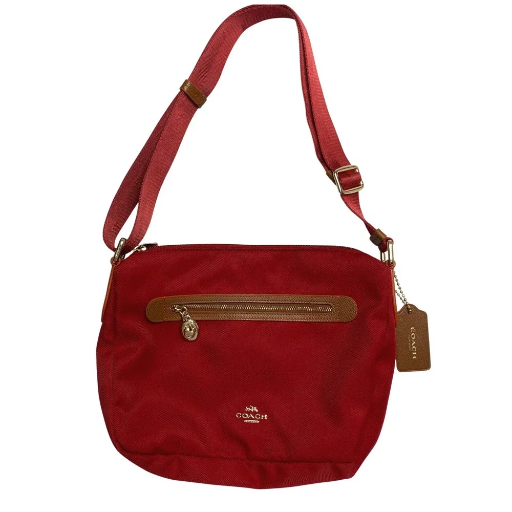 Coach Sawyer Crossbody Bag Red With Tan Leather Trim and Gold tone Hardware